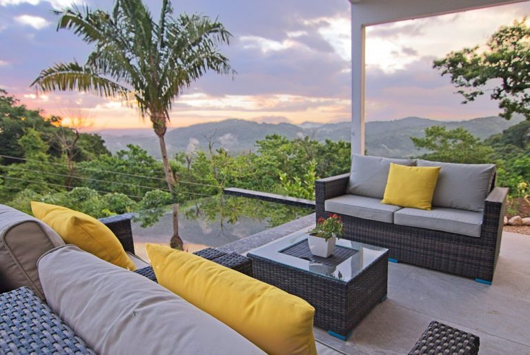 outdoor living room and infinity pool with valley view, nosara, costa rica
