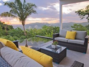 outdoor living room and infinity pool with valley view, nosara, costa rica